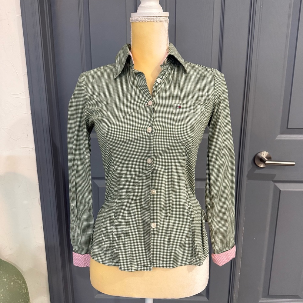 Tommy Hilfiger Green and Pink Button Down Shirt